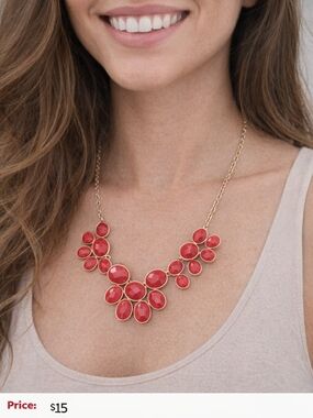 Bold Red Floral Statement Necklace – Gold Tone – Perfect Pop of Color